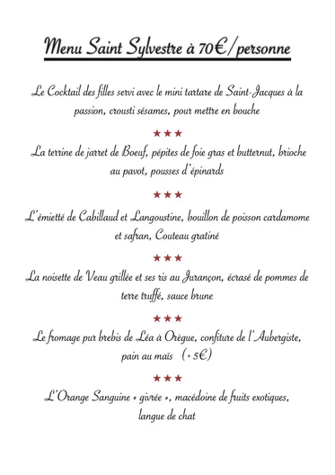 Menu des fêtes L'Auberge du Pas de Vent (Soir)